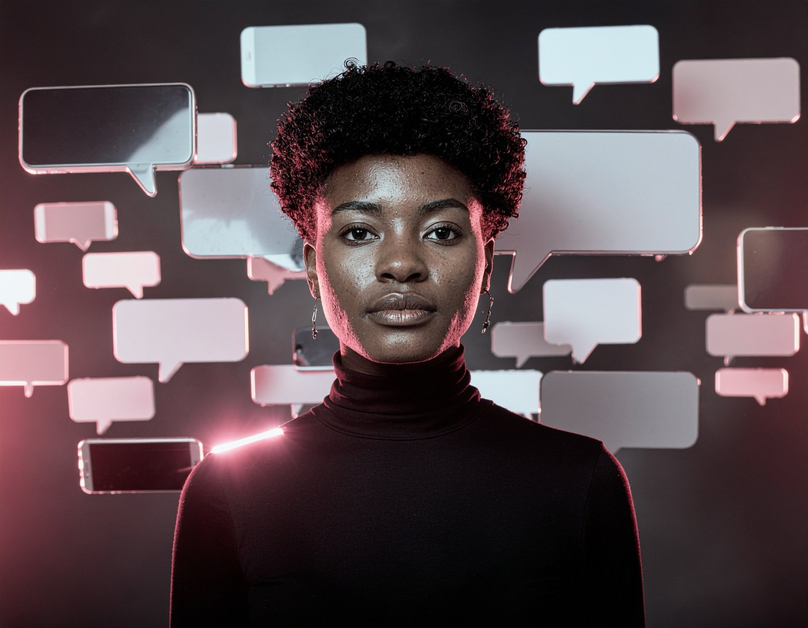 Portrait d'une jeune femme au regard droit et calme, entourée de bulles de messages flottantes dans une lumière rose