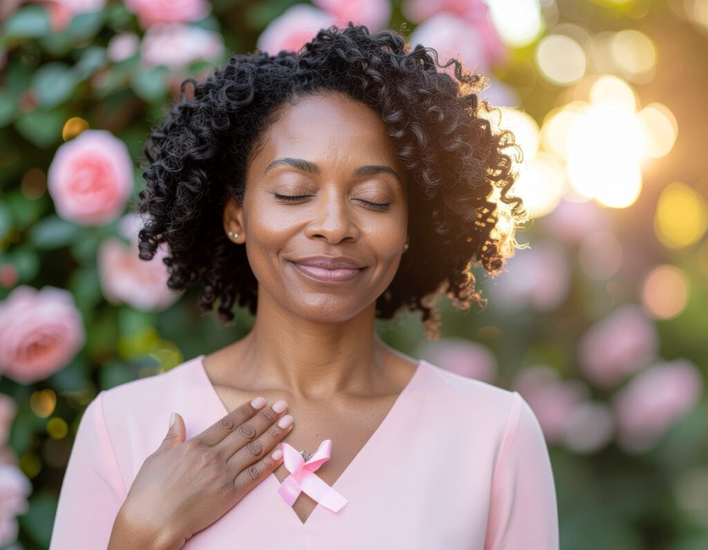 Une femme souriante, les yeux fermés, la main sur le cœur, un ruban rose épinglé sur son chemisier, devant des roses roses
