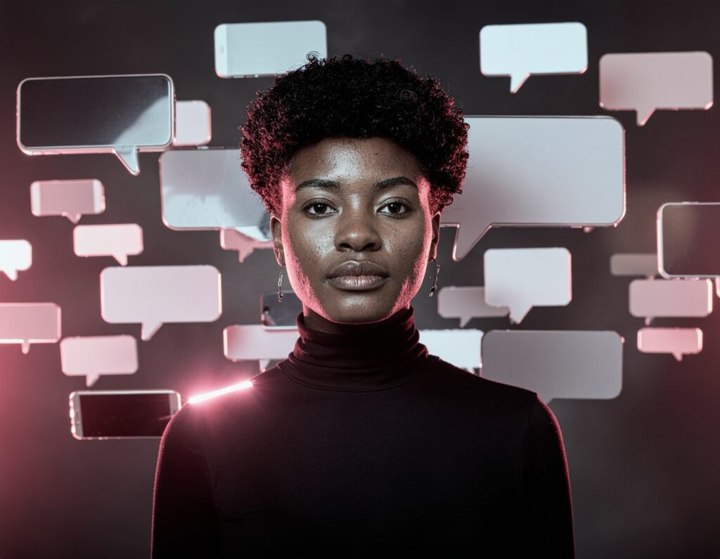 Portrait d'une jeune femme au regard droit et calme, entourée de bulles de messages flottantes dans une lumière rose